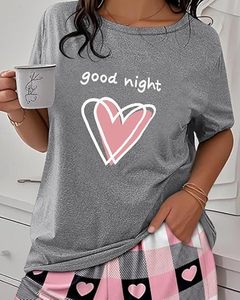 Haut de nuit tricoté gris à manches courtes pour femme avec ourlet géométrique rose – Tenue décontractée d'été - Product Image 3