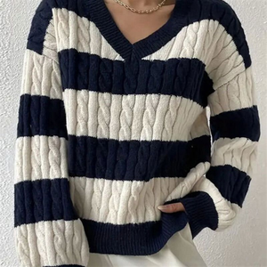 Pull-over en tricot ample à col en V, deux couleurs, rayé, manches longues, pour femme, mode automne-hiver, vente en gros sur mesure. - Product Image 6