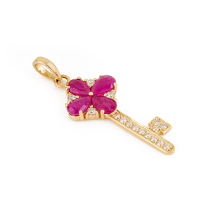 Pendentif clé en or jaune 14 carats original, serti d'un rubis et d'un diamant de 1 carat, design unique fait main, pour femmes, vente en gros de bijoux sur mesure. - Product Image 3