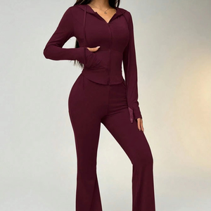 women <b>tracksuit</b> fitted cotton polyester zipper jacket jogger pants breathable stretch gym wear sportswear set - Product Image 1