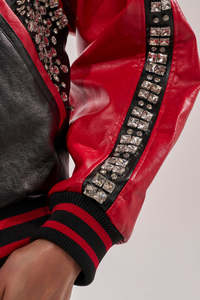 Women's Genuine Leather Bomber Jacket Red Black Crystal Embellished Zipper Closure Full <b>Sleeve</b> Autumn Wear Faux Fur Lining - Product Image 5