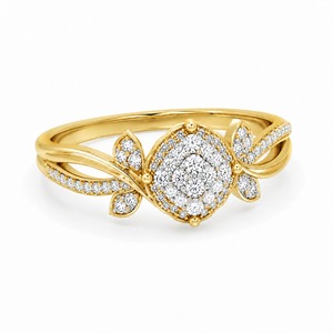 Anillo de Lujo Unisex de Oro Amarillo de 18K con Diamantes Cultivados en Laboratorio, Diseño de Halo Cuadrado con Pétalos y Hojas - Product Image 1