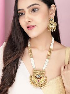 Parure de bijoux plaqué or 24 carats en alliage, motif floral ethnique orthodoxe, collier et boucles d'oreilles, imitation perle et zircon, pour femme, mode mariage - Product Image 3
