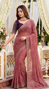 Sari de Seda Rosa Elegante de AARA Fashion con Bordado Dorado y Borde Floral, Protección Solar para Bodas y Ocasiones Especiales, Ropa Tradicional para Mujer - Product Image 6