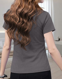 Women's Gray Solid Short Sleeve for Shirt Casual Breathable Eco-Friendly Quick Dry Jersey Woven Regular Length - Product Image 4