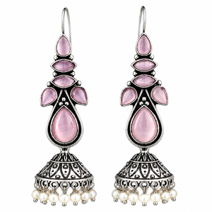 Pendientes Jhumka Étnicos Bohemios Indios de Latón Plateado Antiguo con Piedra Monalisa e Imitación de Perla para Mujer, MOQ Disponible - Product Image 1