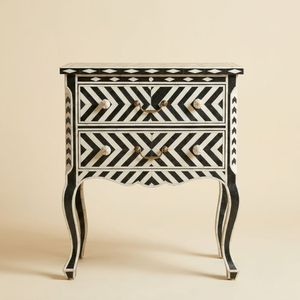 Meuble en os incrusté fait main, table de chevet à 2 tiroirs en os incrusté noir, motif Chevron - Product Image 1