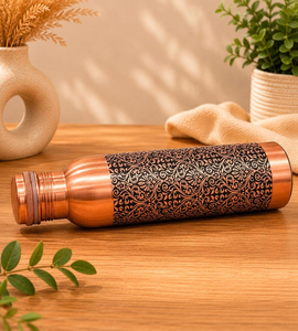 Copper <b>Water</b> <b>Bottle</b> with Antique Printed Design, Stylish <b>Metal</b> Drinking <b>Bottle</b> for Home Office Travel, Reusable Daily Use <b>Bottle</b> - Product Image 1