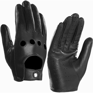 Gants de conduite en cuir véritable bleu, gants d'hiver unisexes à doigts entiers avec fermeture à glissière pour une conduite confortable en extérieur - Product Image 2