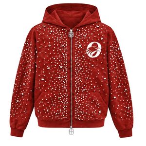 Sudadera con capucha roja ladrillo perlada con cremallera completa, chaqueta de moda urbana con tachuelas de perlas, sudadera informal con capucha de manga larga y bolsillos - Product Image 1