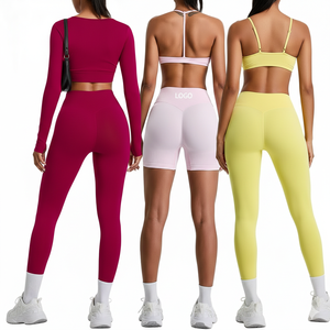 Ensemble de fitness sans couture 4 pièces à taille haute pour femmes |   Soutien-gorge de sport respirant et uni, leggings, vêtements de yoga à manches longues, devant en Spandex/Nylon - Product Image 2