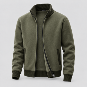 Cardigan en molleton tricoté à col roulé et fermeture éclair intégrale pour homme, avec bordure contrastante, style décontracté chic, vente en gros - Product Image 6