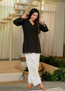 <b>Women's</b> Black Roman Silk <b>Kurta</b> With White Palazzo Pants Loose Fit Casual Wear Indian Pakistani Style All Seasons - Product Image 2