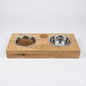 Comedero Elevado Rectangular de Madera Rayada Pulida Hecho a Mano para Perros - Estación Moderna para Mascotas con Cuencos de Acero Inoxidable y Diseño Ventilado - Product Image 1