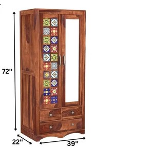 ตู้เสื้อผ้าไม้เนื้อแข็งสไตล์โบโฮพร้อมกระเบื้องเซรามิก |   ตู้เสื้อผ้าไม้ 2 บานพร้อมลิ้นชัก |   จ๊อดปุร์ส่งออก - Product Image 6