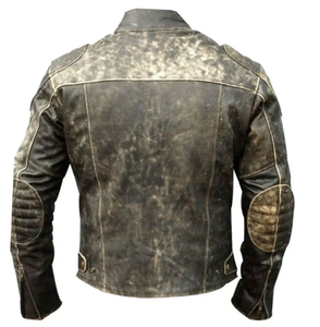 Blouson de moto en cuir véritable pour homme, col montant, fermeture éclair, noir délavé, style motard, pour l'automne - Product Image 4