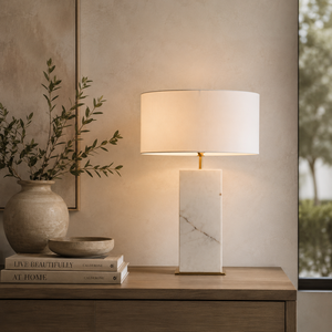 Modern Marble Accent Lamp Featuring Solid <b>White</b> Stone Construction Elegant Geometric Profile Refined Metal Details Warm Decor - Product Image 1