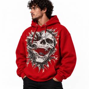 Sudadera con Capucha Extra Grande Roja para Hombre, Sudadera de Felpa con Calavera y Pedrería, Estilo Hip Hop - Product Image 4