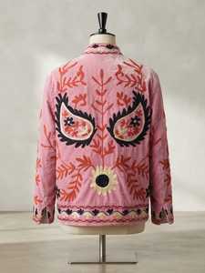 <b>Women</b> Pink Floral Embroidered Reversible <b>Velvet</b> Bomber <b>Jacket</b> Indian Ethnic Kantha Style Winter Wear Wholesale Clothing 100% - Product Image 2