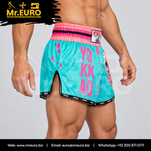 <b>Men</b> Muay Thai Boxing MMA <b>Shorts</b> Front Teal <b>Pink</b> Sublimation Quick Dry 160g Customized 100% Polyester - Product Image 6