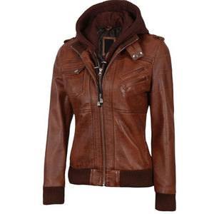 Women's Bomber Cognac Brown Leather <b>Jacket</b> with Removable Hood Premium Soft Lambskin Female Apparel - Product Image 5
