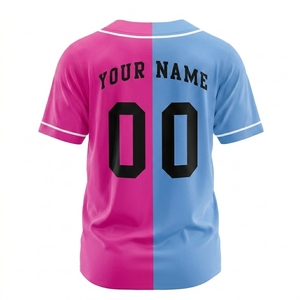 เสื้อเบสบอลแบบกำหนดเอง ระบายอากาศได้ดี สีชมพู-น้ำเงิน ลายบล็อกสี  แบบซับลิเมชั่น พร้อมพิมพ์ชื่อและหมายเลขด้านหน้าและด้านหลัง สำหรับผู้ใหญ่ทั้งชายและหญิง - Product Image 3