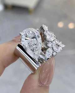 Pear Cut Moissanite <b>Ring</b> White Gold Plated Statement Band Oval and Marquise Side Stone Women Jewelry - Product Image 3