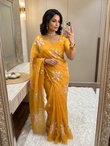 Crystal Organza <b>Tissue</b> Fabric With Embroidery Stone Pearl And Hand Work On Border With Zari Weaving Across The all Over Saree - Product Image 3