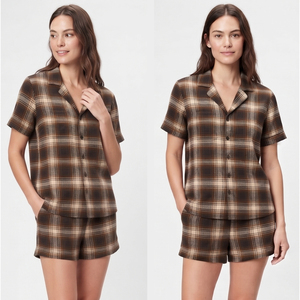 Ensemble de pyjama décontracté pour femme en flanelle à carreaux, chemise boutonnée à manches courtes et short, deux pièces - Product Image 1