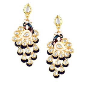 Pendientes Colgantes de Cristal con Imitación de Perlas, Corte Brillante, Chapados en Oro, Aleación de Zinc, Diseño Étnico Geométrico de Pavo Real - Product Image 2