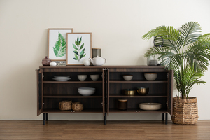 Modern Minimalist Walnut <b>Kitchen</b> <b>Sideboard</b> Buffet Cabinet with Black Metal Legs with Rattan Decorated Doors <b>for</b> Dining Storage - Product Image 5