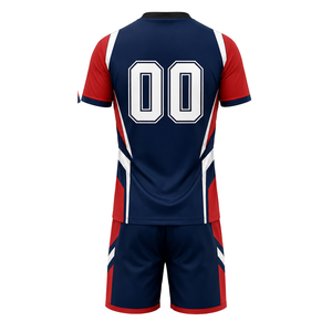 Ensemble de maillot et short de volley-ball bleu marine, rouge et blanc, manches longues, sublimé, personnalisé pour équipe, tenue de tournoi - Product Image 3