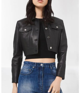 Chaqueta de Motociclista de Cuero Genuino para Mujer, Corta, Negra, Manga Larga, Cuello Camisero, Color Sólido, Estilo Otoñal - Product Image 1