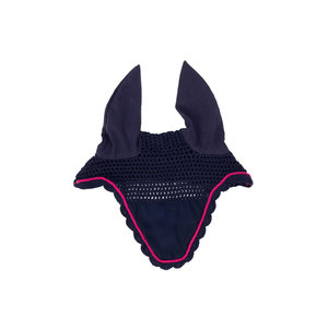 Velo antimoscas para caballo de malla azul marino con ribete rosa y cubre orejas - Product Image 1