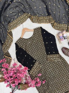Conjunto de Kurti y Palazzo de Georgette Negro y Dorado para Mujer con Bordado de Lentejuelas y Zari, Dupatta Completamente Cosida, Traje Étnico de Tres Piezas para Fiesta - Product Image 5