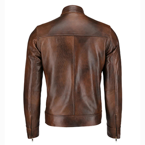 Blouson moto en cuir véritable marron pour homme, col montant, fermeture éclair, manches classiques, coupe-vent, idéal pour l'automne - Product Image 4