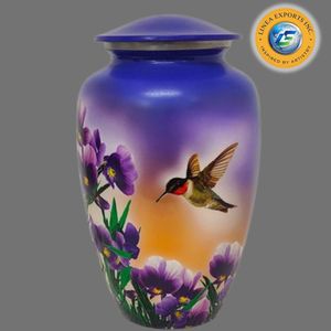 Urne funéraire écologique de style américain Linea Exports Inc, motif floral violet avec colibris, personnalisable, motif artistique, pour adulte - Product Image 1