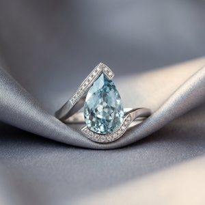 Anillo de compromiso solitario en forma de V de oro blanco de 10K con aguamarina de corte pera y diamantes cultivados en laboratorio con pavé, diamante certificado IGI. - Product Image 3