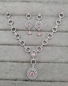 Elegant American Diamond Jewelry Set Oval <b>Link</b> Chain Necklace With Pear Drop Halo Pendant & Matching Earrings for Women Supplier - Product Image 2