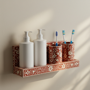 Organizador de Baño Artesanal con Incrustaciones Florales en Hueso, Estante de Vanidad Montado en la Pared con Dispensadores Dobles de Jabón y Portacepillos de Dientes - Product Image 1
