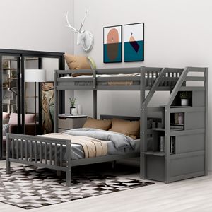 Letto a soppalco grigio con letto singolo sopra e letto matrimoniale, con scala, mobili per bambini - Product Image 1