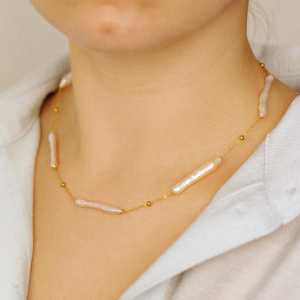 Collar de perlas Biwa de barra larga, elegante gargantilla de perlas, joyería impermeable, regalo para ella, plata de ley 925, oro de 14 quilates - Product Image 2