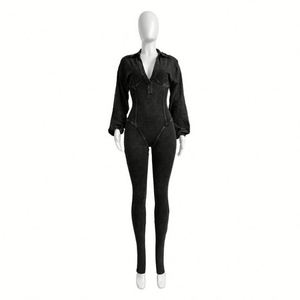 Combinaison moulante noire pour femme à manches longues et col rabattu, effet ventre plat, idéale pour les soirées - Product Image 1