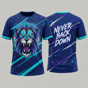 Camiseta Unisex Ajustada de Manga Corta, Poliéster, Impresión por Sublimación, Diseño de León, Gráfico 'Never Back Down' - Product Image 1