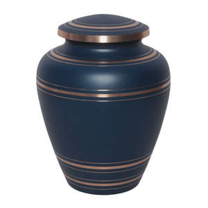 Urna Funeraria Metálica Azul Marino Intenso con Elegantes Anillos de Bronce para un Descanso Eterno y Tranquilo - Product Image 1