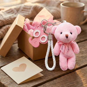 White Faux Fur <b>Bear</b> Keychain With Pearl Crown <b>Pink</b> Bow Crystal Decor 3D Cartoon Plush Carabiner Pendant Soft Wedding Gift - Product Image 5