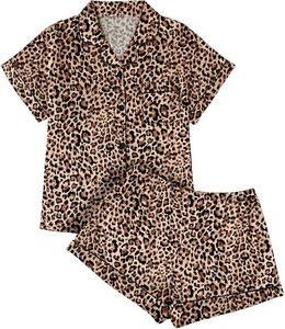 Conjunto de Pijama de Manga Corta con Estampado de Leopardo para Mujer, Ropa de Dormir Informal de Algodón, Pantalones Cortos de Verano de Dos Piezas, Cuello Camisero con Botones - Product Image 1