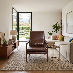 Fauteuil en cuir marron avec pieds en bois, style mid-century modern, pour salon, meubles MT, garantie 3 ans, rembourrage en mousse - Product Image 3