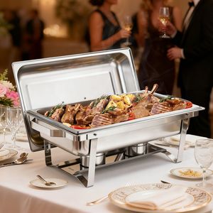 Set di 6 Chafing Dish Rettangolari in Acciaio Inossidabile da 9 Qt, Scaldavivande Completo con Manico Cavo, Attrezzatura per Mantenere il Calore - Product Image 1