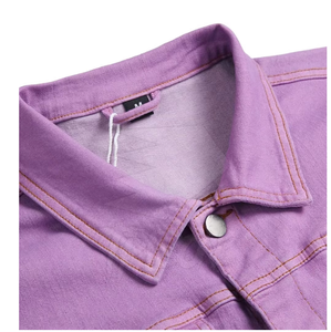 เสื้อแจ็คเก็ตยีนส์สีม่วงสำหรับผู้ชาย คอตั้ง สไตล์ลำลอง ทรงเข้ารูป ผ้าฝ้าย 100% ซักแล้ว เสื้อนอกสำหรับฤดูหนาว มีโลโก้ด้านหน้า เป็นมิตรต่อสิ่งแวดล้อม - Product Image 5